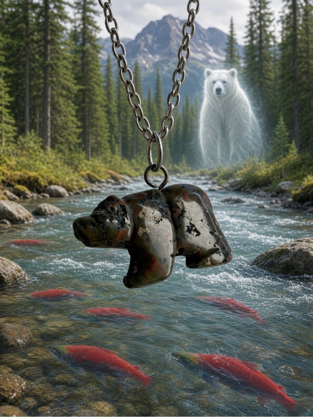 Unakite Bear Hand-Carved Pendant Neckkace